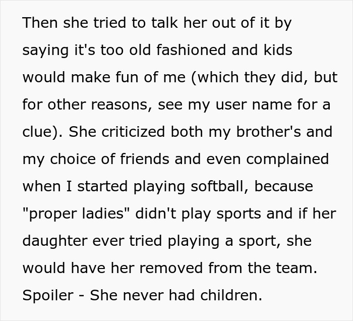 Text detailing how an entitled aunt criticized her late sister's children choices, including sports. Text detailing how an entitled aunt criticized her late sister's children choices, including sports.