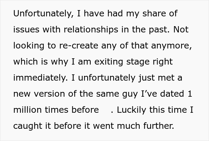 Screenshot of text about past relationship issues and avoiding repeating the same mistakes with a new BF.