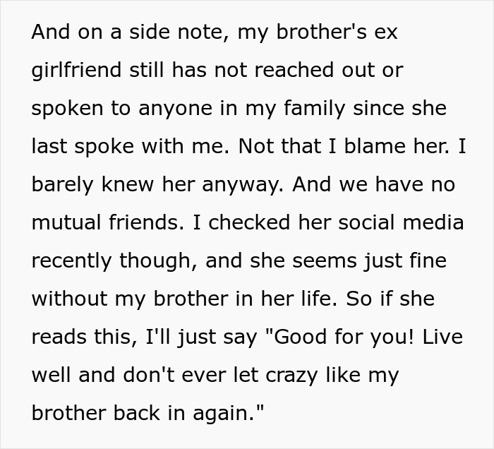 Text about the brother's ex-girlfriend doing well without him, a consequence of the entitled man's actions at the wedding.