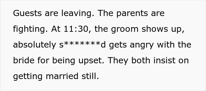 Text describing the groom's late, drunk arrival to his wedding, and getting married anyway. Text describing the groom's late, drunk arrival to his wedding, and getting married anyway.