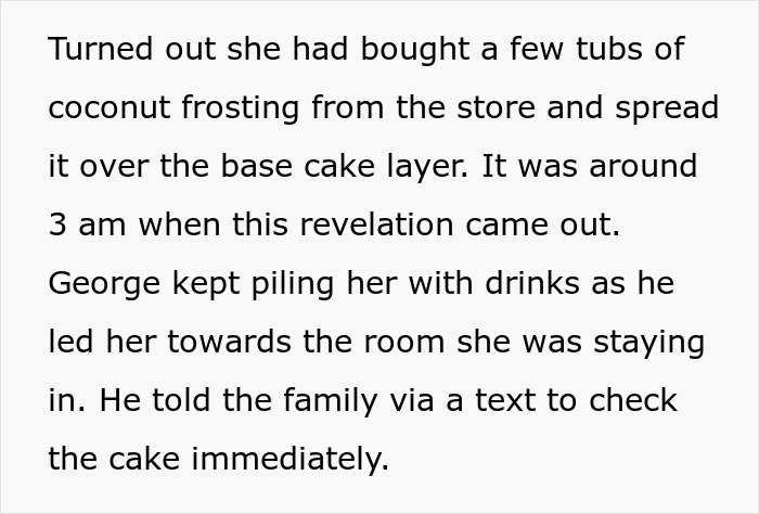 Text explaining George's plan to save the day, discovering the MIL spread coconut frosting on the wedding cake. Text explaining George's plan to save the day, discovering the MIL spread coconut frosting on the wedding cake.