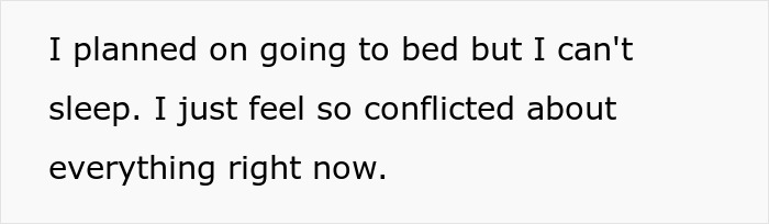 A comment about being unable to sleep due to feeling conflicted, possibly about the crazy MIL who couldn't survive her potion.