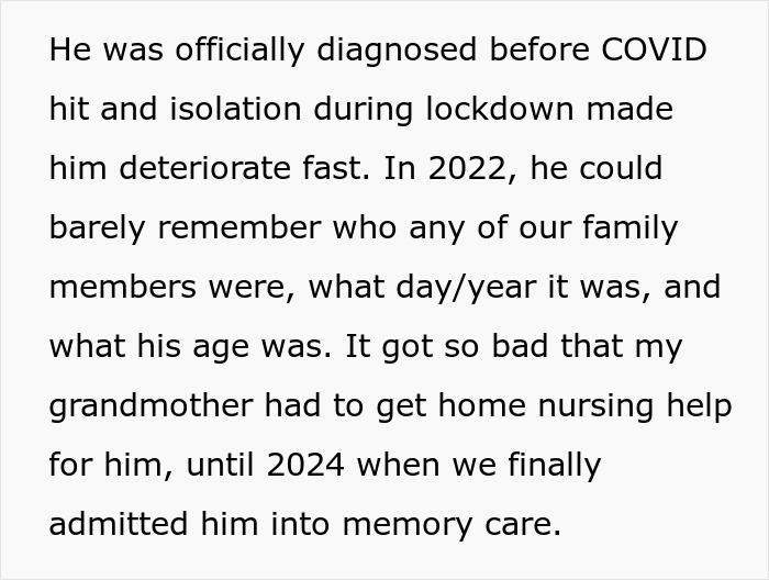 Text explaining the grandpa's deteriorating memory, requiring home nursing care and admission to memory care. Text explaining the grandpa's deteriorating memory, requiring home nursing care and admission to memory care.