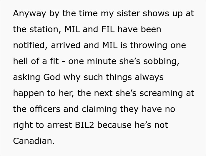 Text describing the groom's mom's angry outburst at the station after the brother's arrest, impacting the wedding.