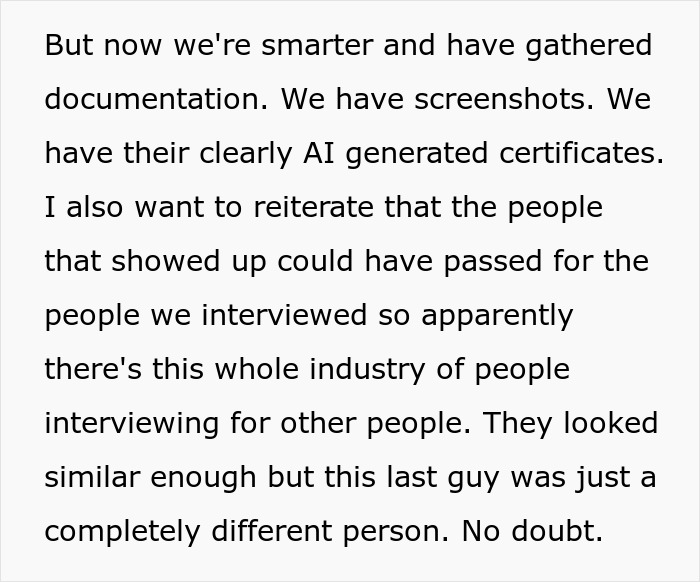 A software engineer uncovers a hiring scam with AI-generated certificates and professional interview stand-ins.