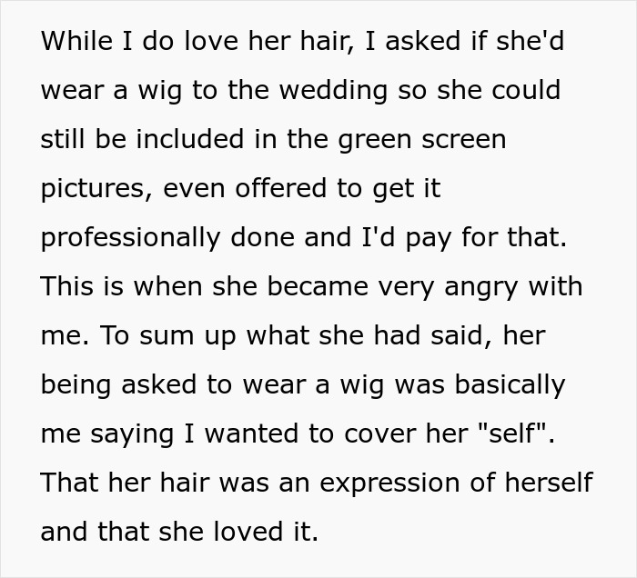 A woman's scary fixation over groom escalating when asking grooms woman to wear a wig.