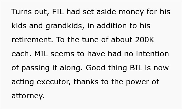 Text snippet revealing a father left a $200K inheritance for his kids and grandkids, which the evil mom intended to withhold. Text snippet revealing a father left a $200K inheritance for his kids and grandkids, which the evil mom intended to withhold.