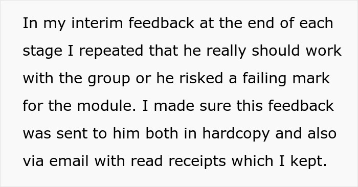Lecturer documents feedback for student refusing group work, warning of a failing mark for the module. Lecturer documents feedback for student refusing group work, warning of a failing mark for the module.