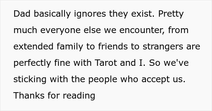 Text mentioning the dad ignores Tarot, the service dog, and acceptance by others, pertinent to the wedding boycott.