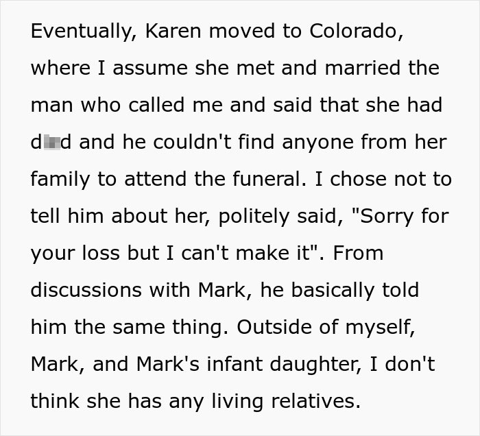A screenshot from a forum post about an entitled aunt and her late sister, with text describing Karen's d***h. A screenshot from a forum post about an entitled aunt and her late sister, with text describing Karen's d***h.