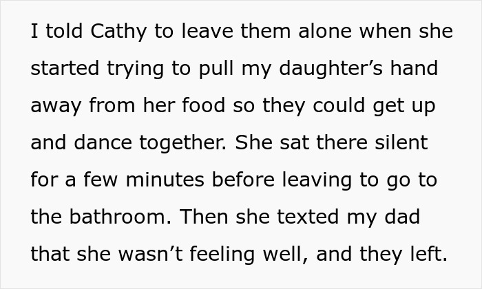 Text detailing how the stepmom tried to hijack the kid's birthday by pulling the daughter's hand. Text detailing how the stepmom tried to hijack the kid's birthday by pulling the daughter's hand.