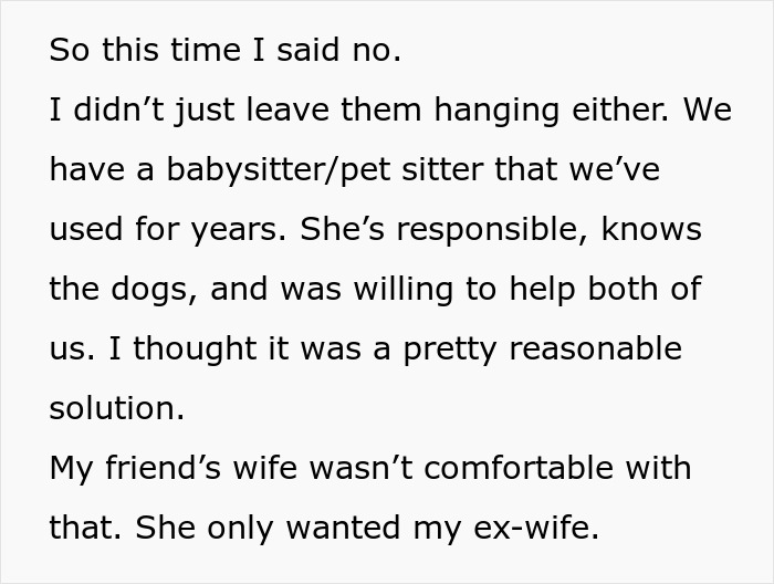 Screenshot of a Reddit post about the user refusing his ex-wife staying in his home and offering an alternative. Screenshot of a Reddit post about the user refusing his ex-wife staying in his home and offering an alternative.