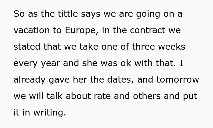 Text about a family taking nanny on family vacation to Europe.