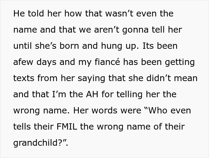 More text about the overbearing FMIL trying to snatch baby name announcement, announcing the wrong one. More text about the overbearing FMIL trying to snatch baby name announcement, announcing the wrong one.