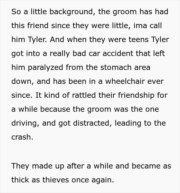 Screenshot of text detailing the groom's friend's accident and paralysis, highlighting the context of the groom's future dilemma.