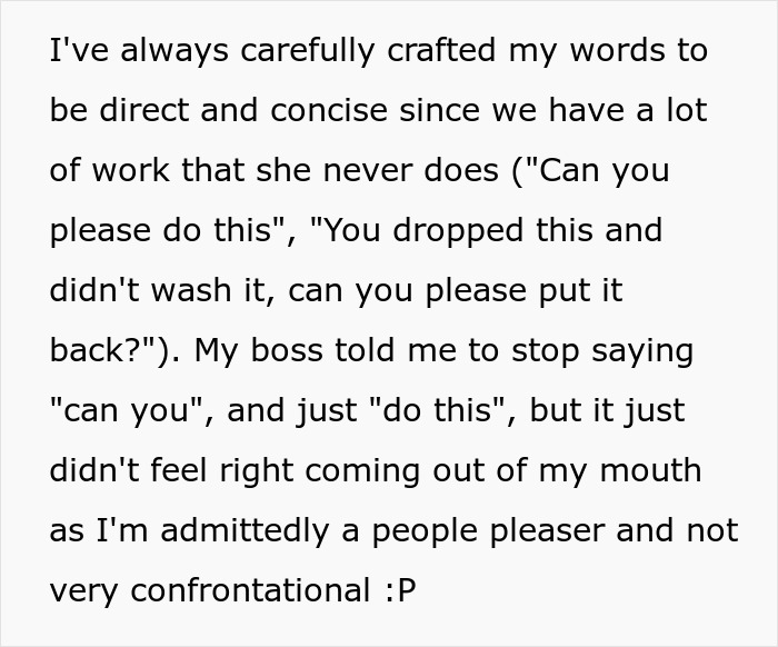 Text discussing a 17YO's polite communication while a 19YO colleague slacks off at work, leading to made-up bullying claims. Text discussing a 17YO's polite communication while a 19YO colleague slacks off at work, leading to made-up bullying claims.