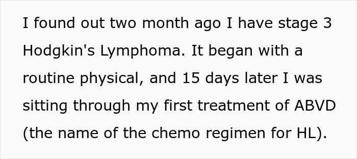 Screenshot of text describing a man's cancer diagnosis and treatment, facing his postpartum wife's expectations.