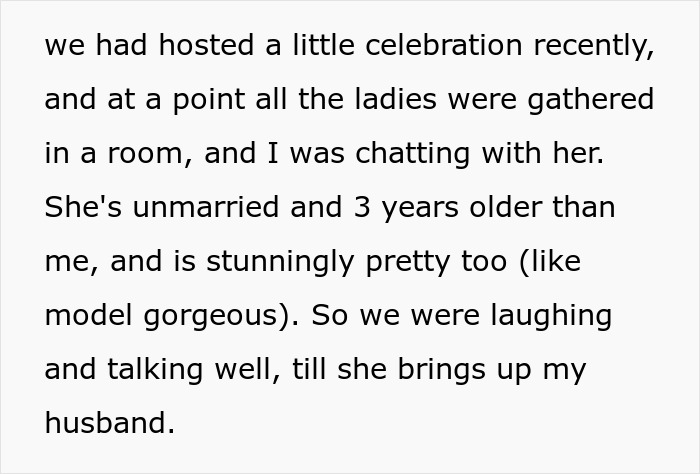 Text about a woman chatting with her husband's ex at a celebration, then the ex brings up her husband. Text about a woman chatting with her husband's ex at a celebration, then the ex brings up her husband.