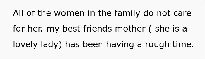 A screenshot of text about a bride belittling women, causing family women to dislike her. A screenshot of text about a bride belittling women, causing family women to dislike her.