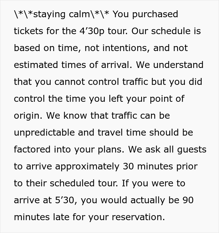 Text message from a calm tour guide explaining the schedule, not waiting for entitled tourists. Text message from a calm tour guide explaining the schedule, not waiting for entitled tourists.
