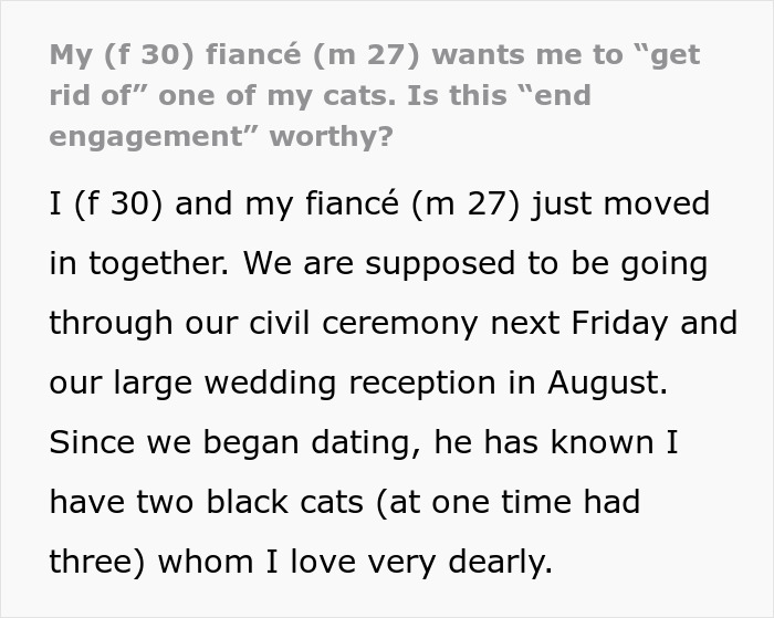 Screenshot of text about a bride-to-be questioning her engagement after her fiancé issues an ultimatum about her cat. Screenshot of text about a bride-to-be questioning her engagement after her fiancé issues an ultimatum about her cat.