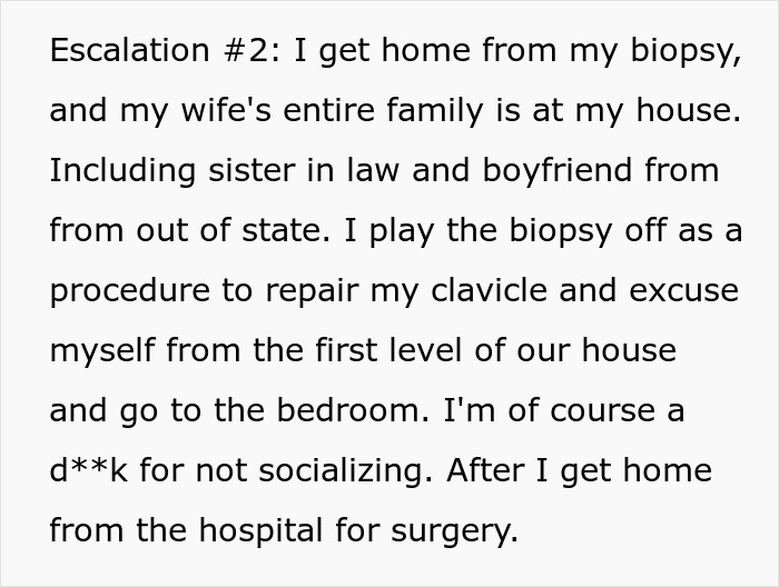 Man returns from cancer biopsy, his wife's family is there. He feels horrified by her expectation to slog at home.