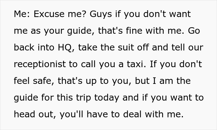 Text screenshot of the Arctic tour guide's response to the Saudi dad refusing her as leader, demanding a male replacement. Text screenshot of the Arctic tour guide's response to the Saudi dad refusing her as leader, demanding a male replacement.