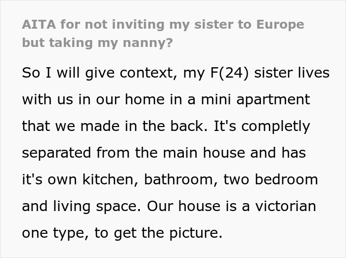 Screenshot of Reddit post title 'AITA for not inviting my sister to Europe but taking my nanny?'
