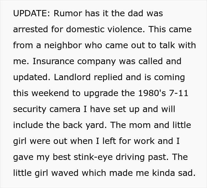 Text providing an update on the domestic violence arrest and security camera upgrade, part of the dog owner's nightmare. Text providing an update on the domestic violence arrest and security camera upgrade, part of the dog owner's nightmare.