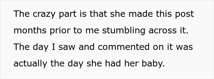 Text post about the original poster finding out a man had a baby, commenting on it, and the baby's birth.