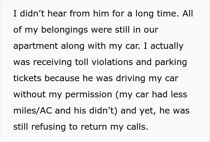 A screenshot of text about a man hiding his baby from his family, still having belongings and using her car.