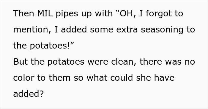 A screenshot of a text revealing that a MIL admitted to adding extra seasoning to the Thanksgiving potatoes, hinting at essential oils. A screenshot of a text revealing that a MIL admitted to adding extra seasoning to the Thanksgiving potatoes, hinting at essential oils.