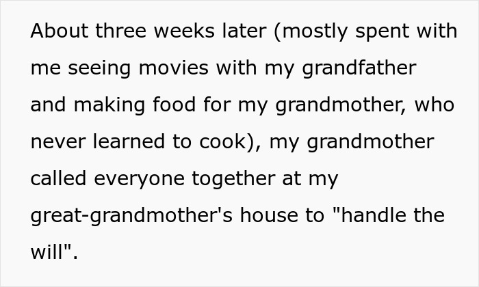 Text snippet about family gathering at great-grandma's house to handle the will, detailing a trolling. Text snippet about family gathering at great-grandma's house to handle the will, detailing a trolling.