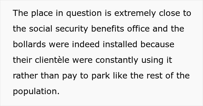 Text explaining that bollards were installed near a social security benefits office due to clients avoiding paid parking, escalating a parking war.