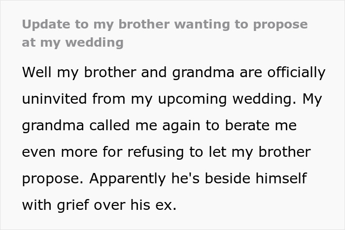 A screenshot of a wedding update where an entitled man and his grandma are uninvited from the wedding.