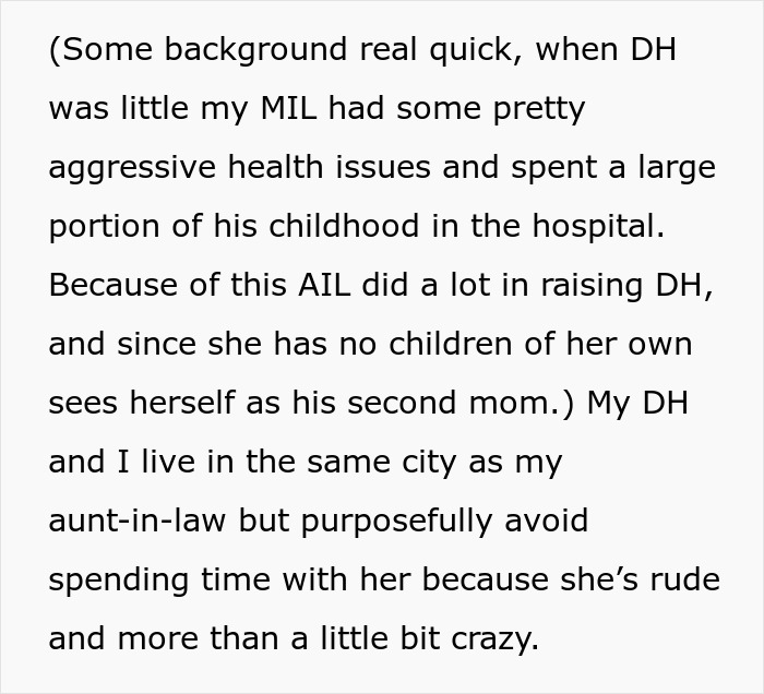 Background text explaining how the aunt helped raise nephew and is now rude to his pregnant wife.