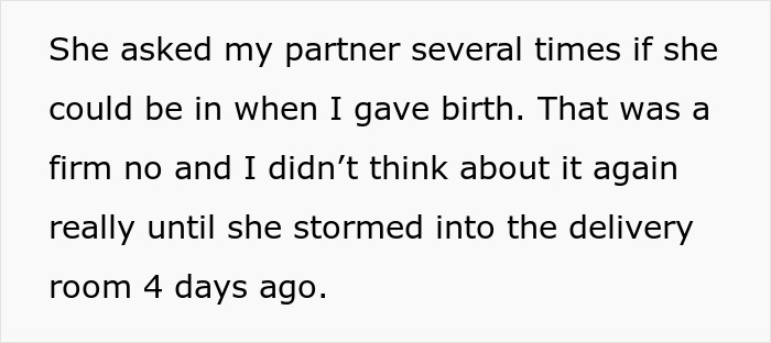 Text snippet: new mom feels betrayed, MIL forces her way into delivery room, husband doesnt stop her. Text snippet: new mom feels betrayed, MIL forces her way into delivery room, husband doesnt stop her.