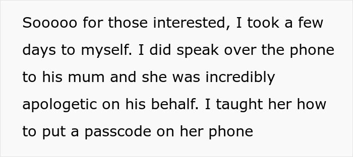 A screenshot of a paragraph detailing speaking to a boyfriend's mum after a cruel prank. A screenshot of a paragraph detailing speaking to a boyfriend's mum after a cruel prank.
