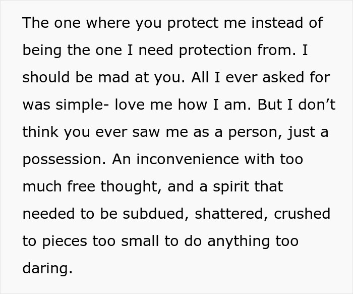 A teen describing her controlling mom as someone she needed protection from and who saw her as a possession. A teen describing her controlling mom as someone she needed protection from and who saw her as a possession.