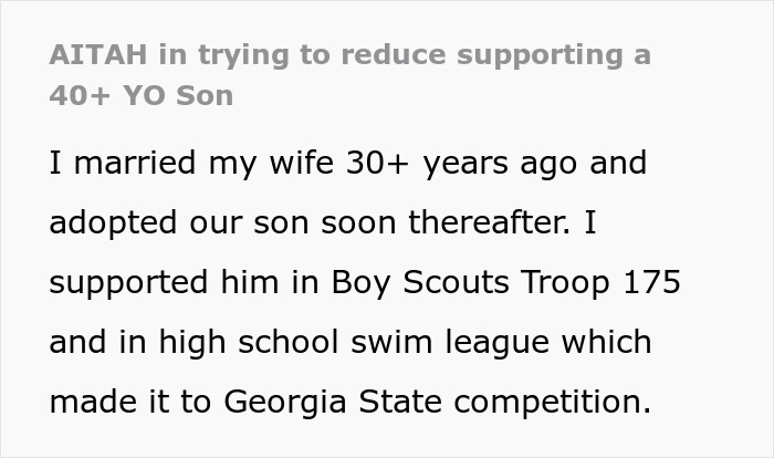 Screenshot of text about a man financially supporting his son in his 40s. Screenshot of text about a man financially supporting his son in his 40s.