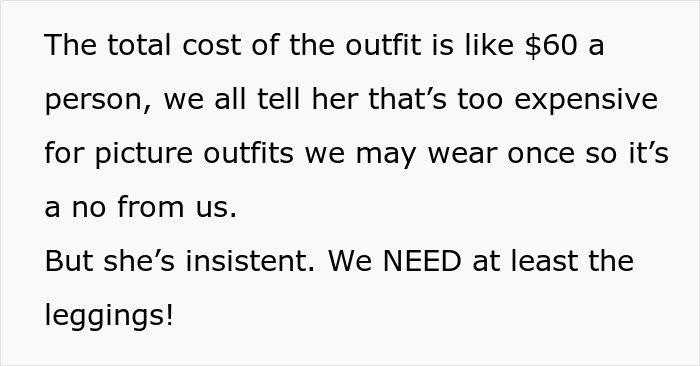 A screenshot of text discussing the high cost of Thanksgiving outfits and MIL's insistence on leggings. A screenshot of text discussing the high cost of Thanksgiving outfits and MIL's insistence on leggings.