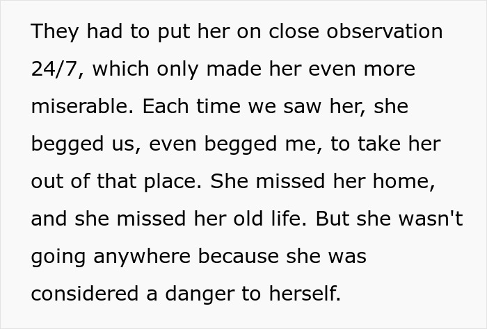 Text explaining 24/7 observation and begging to leave, connected to the entitled man's wedding debacle.