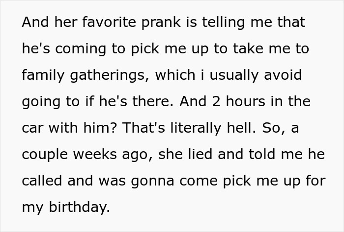 Screenshot of text describing a prank where a relative is told her toxic uncle will pick her up for her birthday.