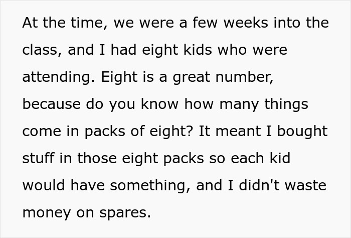Text discussing the number of kids in a community class and how supplies were bought in packs of eight, showing resourcefulness. Text discussing the number of kids in a community class and how supplies were bought in packs of eight, showing resourcefulness.