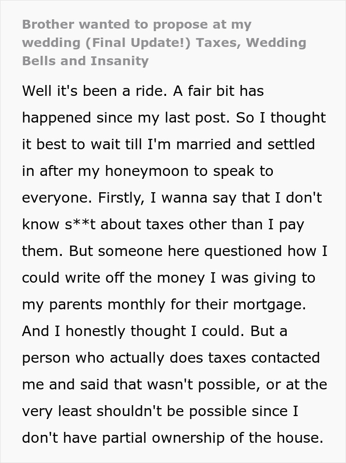 Text snippet about an entitled man losing more after trying to propose at a brother's wedding.