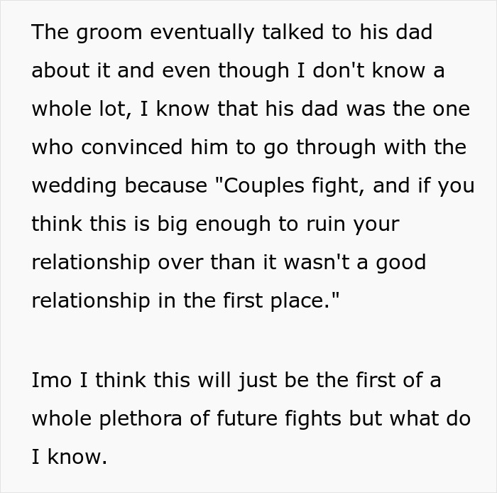 Text snippet where groom questions the future, discussing his twisted values and messed up request with his dad.