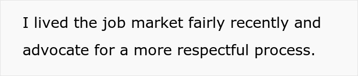 A screenshot with text explaining a software engineer's experience in the job market, advocating for a respectful hiring process.