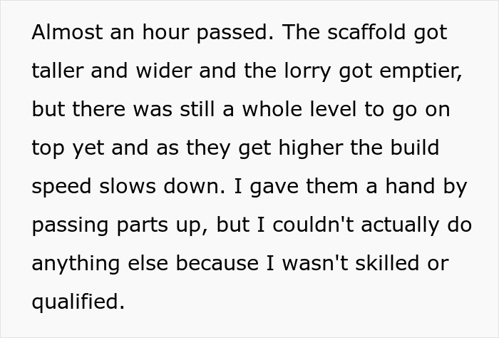 Annoying driver BMW parking war: Scaffolding grows taller and wider, the lorry empties, as building speed slows.