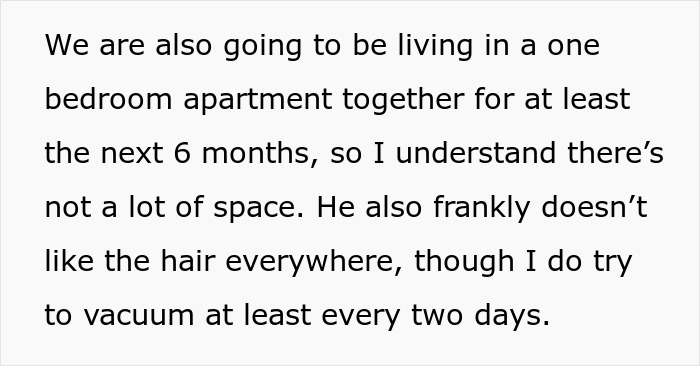 Screenshot of text about a bride-to-be questioning her engagement due to fiancé's ultimatum about her cat and pet hair in a small apartment. Screenshot of text about a bride-to-be questioning her engagement due to fiancé's ultimatum about her cat and pet hair in a small apartment.