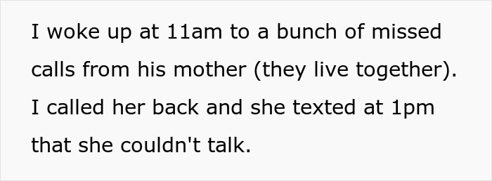 A screenshot showing text about a girlfriend waking to missed calls from her boyfriend's mother. Cruel prank setup. A screenshot showing text about a girlfriend waking to missed calls from her boyfriend's mother. Cruel prank setup.
